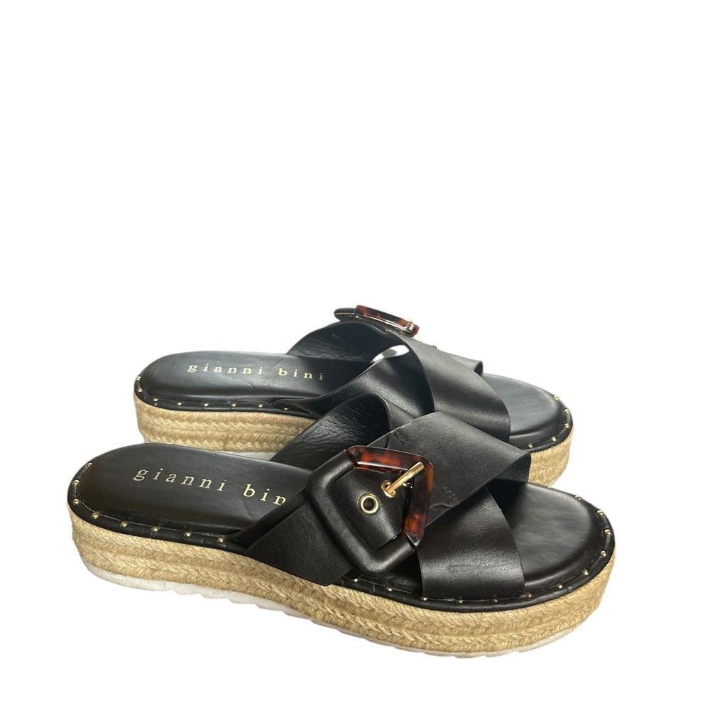 Gianni Bini Black Leather Espadrille Platform Slides Tortoiseshell Buckle 6.5 M